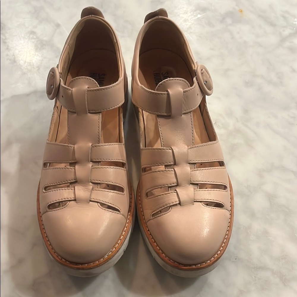 Tan Leather Flats with Woven Design and Buckle Closure